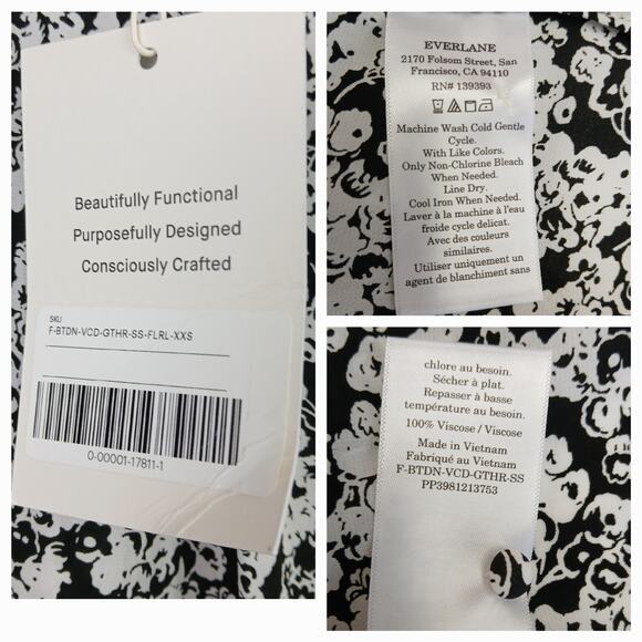Everlane SZ XXS The Gathered Neck Top Bone/Black Mini Floral NWT - Picture 4 of 4